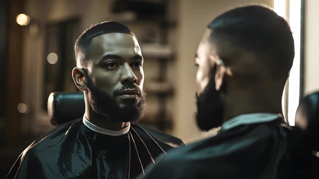 A man receives a precision haircut and beard styling at a contemporary barbershop during the evening. The atmosphere is relaxed, highlighting the art of grooming.