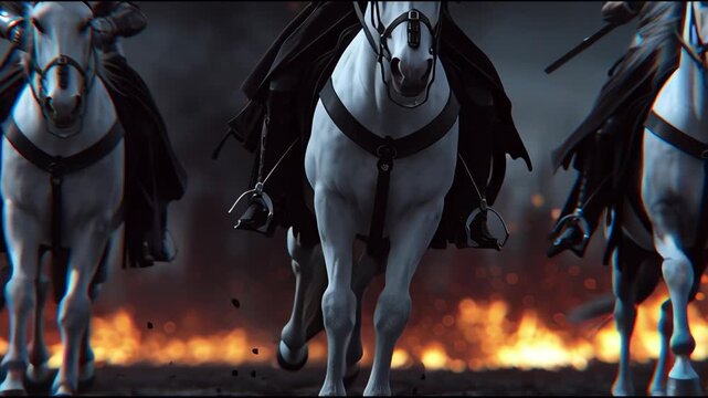 Knights in shining armor ride through fiery wasteland on horseback at dusk