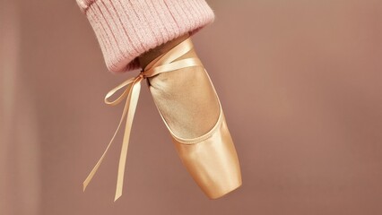 Balletcore. Pink ballet pointe shoe foot close-up, dance practice, ele