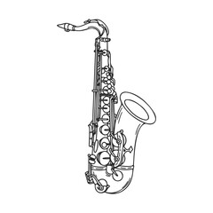 Detailed line drawing of a saxophone featuring intricate mechanical keys and curved horn &ndash; stock vector icon in line style