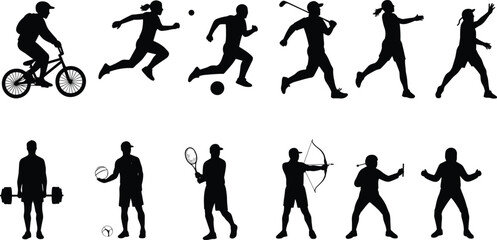 Silhouettes of athletes performing various sports activities, including cycling, soccer, tennis, archery, weightlifting, martial arts, fitness, and 