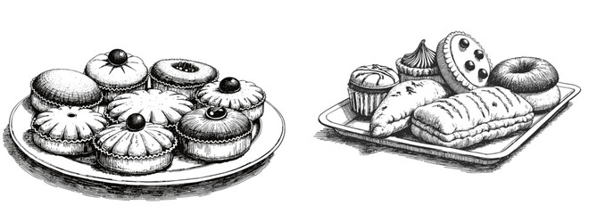 Vintage black pen sketch close up on tray of pastries  