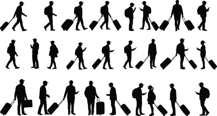 Silhouette set of travelers walking with luggage, carrying suitcases, using smartphones, airport travel icons isolated on white background vector.
