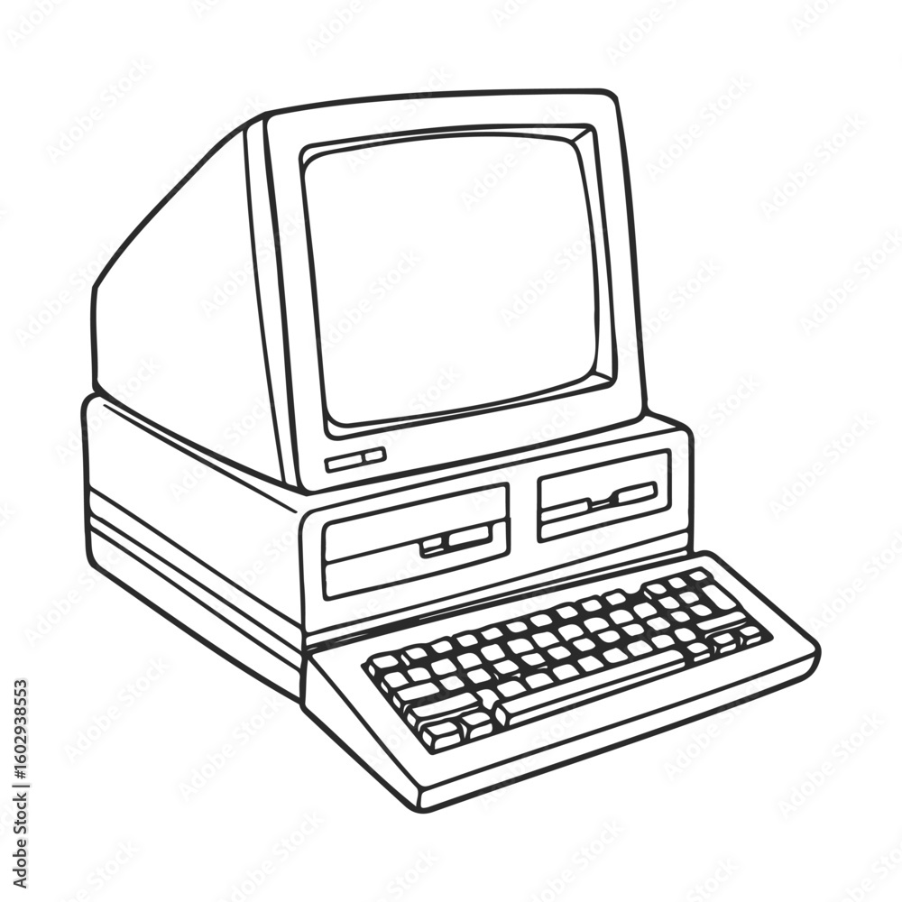 Poster vintage monochrome retro computer with crt monitor and keyboard – stock vector icon in line style