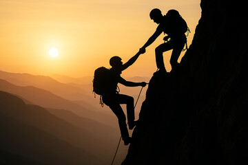 One climber helping another during cliff ascent at sunset showing teamwork and courage above rugged valley on national mountain climbing day