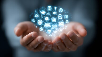 Glowing Tech Icons in Hands - Digital Age Education & Innovation