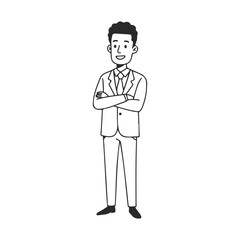 Fototapeta premium Cartoon caucasian male character in suit standing with arms crossed – stock vector icon in line style