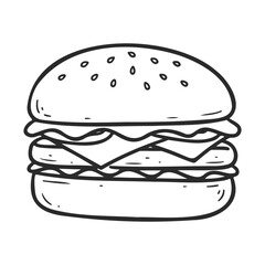 Illustration of a classic cheeseburger with toppings and sesame seed bun in black and white – stock vector icon in line style