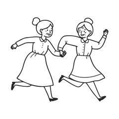 Two elderly caucasian women joyfully running hand in hand – stock vector icon in line style