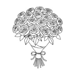 Rose bouquet line art illustration with ribbon decor &ndash; stock vector icon in line style