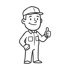 Cartoon male worker in uniform giving thumbs up – stock vector icon in line style
