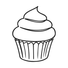 Hand-drawn cupcake with swirled frosting in black and white – stock vector icon in line style