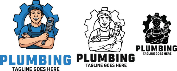 Plumbing services logo design with plumber and wrench for professional business use