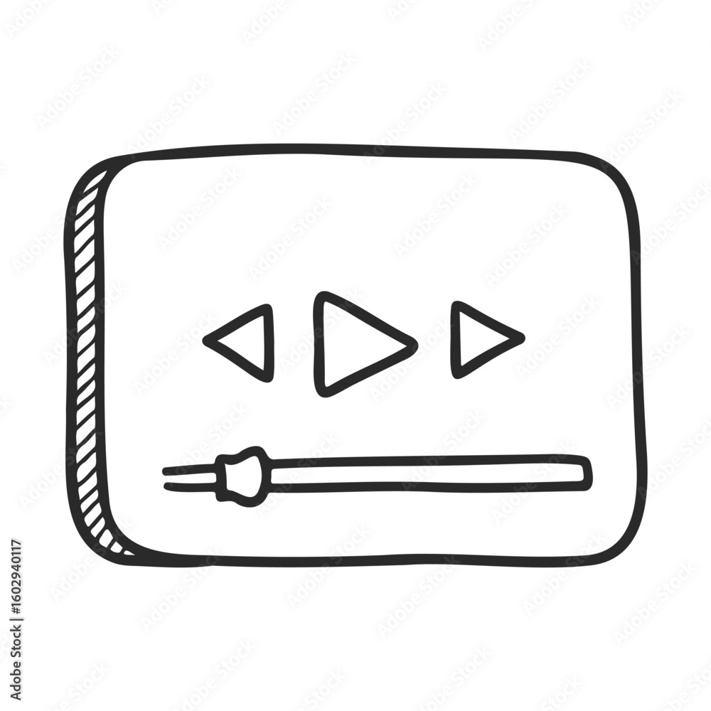Poster hand-drawn video player interface with play buttons and slider icon in black and white – stock vecto