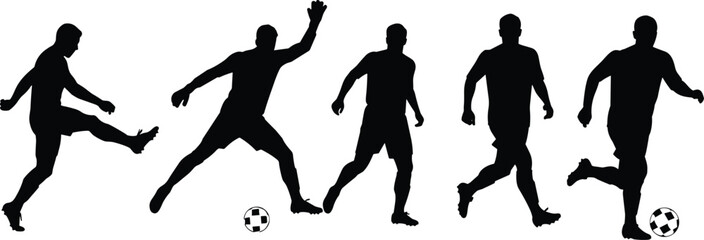 soccer players silhouette in action, football kicking, dribbling, running, dynamic athletic movement, sports players silhouette in action, 