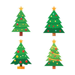 Photo of four decorated christmas trees with stars and ornaments isolated on white background