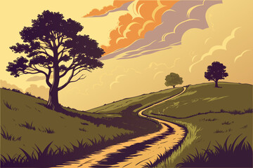 Winding dirt road through rolling green hills under a dramatic sunset sky