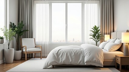 Fototapeta premium Bright, airy bedroom interior with a comfortable armchair and a cozy bed.