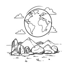 Naklejka premium Monochrome earth sketch with rocks and mountains – stock vector icon in line style