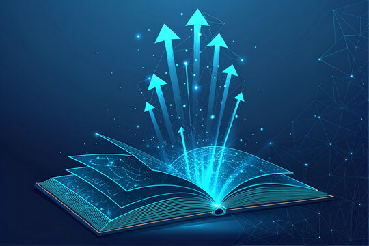 Digital book with glowing arrows symbolizing knowledge and growth