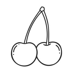 Simple black and white cherry drawing with two connected cherries on stem – stock vector icon in line style