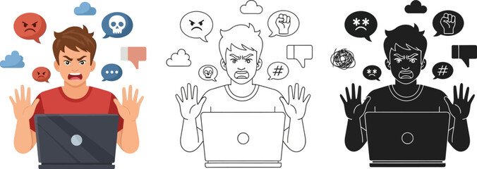 Cyberbullying concept angry man with laptop vector illustration and design elements