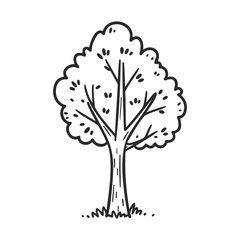 Obraz premium Simple black and white tree illustration with leafy canopy and grass base – stock vector icon in line style