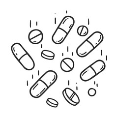 Hand-drawn black and white illustration of various capsules and tablets – stock vector icon in line style