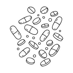 Hand-drawn black and white pills and capsules pattern on white background – stock vector icon in line style