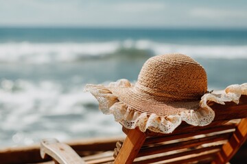 Straw hat with lace trim on a beach chair.