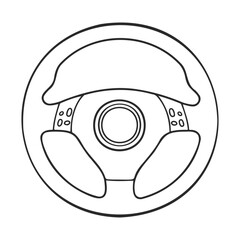 Black and white outline of steering wheel with buttons for vehicles – stock vector icon in line style