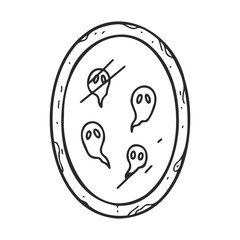 Cartoon ghosts in haunted mirror - halloween spooky art design – stock vector icon in line style