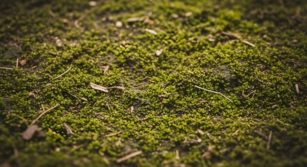 Close up view of a mossy surface with small twigs and leaves scattered across the ground plane texture