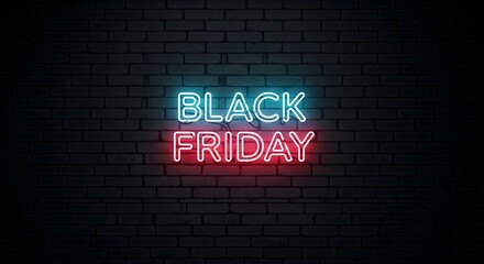 Obraz premium Black Friday Sale Text in a Glowing Blue and Red Neon Sign Style on a Dark Brick Wall