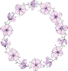 Delicate purple floral wreath with leaves and buds flowers