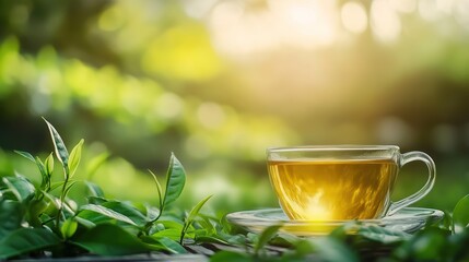 A clear glass cup of green tea sits on a glass saucer amidst fresh green tea leaves with sunlight softly illuminating the serene natural setting.