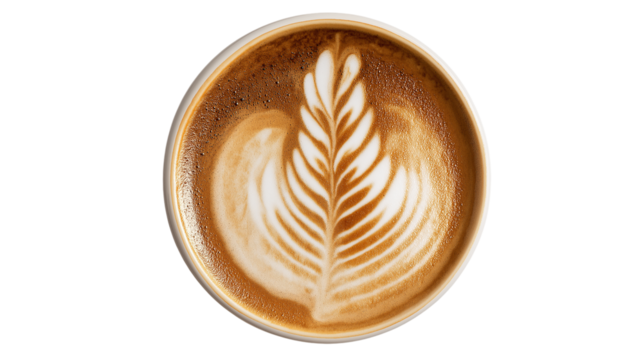 Latte Art Fern Design in Coffee Cup Top View Isolated