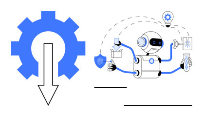 Robot multitasking with lightbulb, shield, test tube, and gear representing automation, innovation, and efficiency. Ideal for technology, workflow, AI robotics process improvement innovation