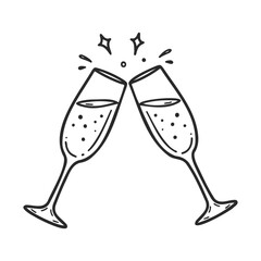 Two champagne glasses toasting with sparkles in line art style – stock vector icon in line style