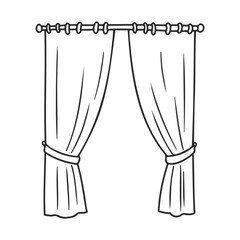 Simple line drawing of elegant curtains with tiebacks on rod – stock vector icon in line style