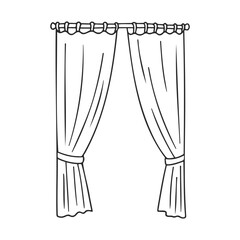 Minimalist line art drawing of curtains with tiebacks on rod – stock vector icon in line style