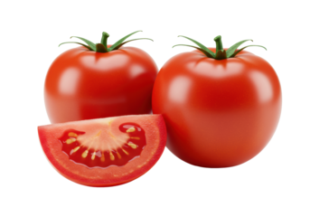 Perfectly cut red tomato wedge with juicy interior and visible seeds in foreground, two whole vibrant red tomatoes behind, isolated on transparent background with copy space, concept for fresh