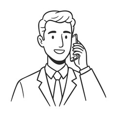 Young caucasian male professional in suit talking on smartphone line art – stock vector icon in line style