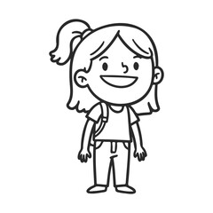 Obraz premium Happy cartoon girl: smiling child with ponytail and backpack – stock vector icon in line style