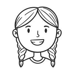 Obraz premium Smiling female child with pigtails - black and white cartoon line art – stock vector icon in line style