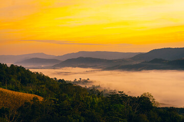 High-angle view of a mountain with fluffy fog in the morning. The sun rises and shines, creating a beam of light in warm tones. The idea for a nature background with copy space.