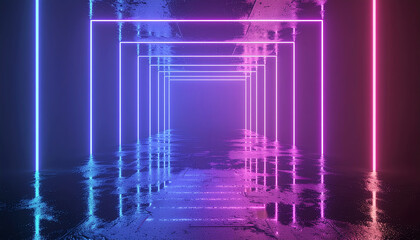 A vibrant, neon-lit tunnel reflecting colorful lights on a wet surface, creating a futuristic and immersive atmosphere