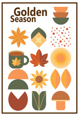 Autumn simple poster set. Autumn flyer set of designs Scandinavian mosaic. Banner autumn elements. Autumn design poster. Vector illustration.	