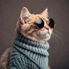 Stylish cat wearing a turtleneck sweater and round sunglasses