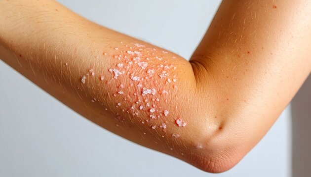 Cracked, scaly skin on elbow due to psoriasis. A hyperreal close-up showing dry, irritated texture and inflammation — perfect for dermatology visuals.